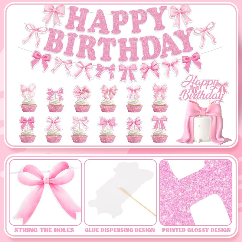 ProSuites 44 Pcs Pink Bow Birthday Decorations Include Pink Bow Balloons Star Balloons Cake Topper Bow Happy Birthday Banner for Party - Image 3