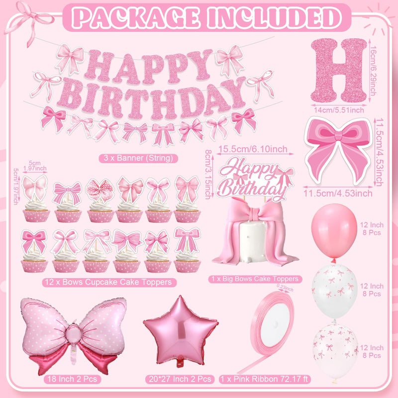 ProSuites 44 Pcs Pink Bow Birthday Decorations Include Pink Bow Balloons Star Balloons Cake Topper Bow Happy Birthday Banner for Party - Image 2