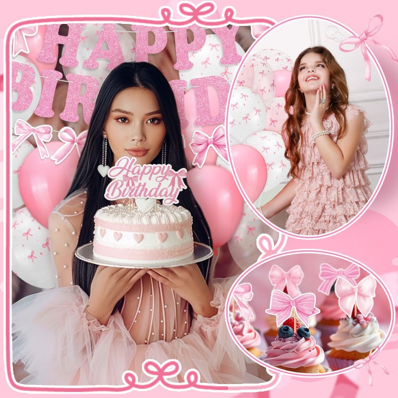 ProSuites 44 Pcs Pink Bow Birthday Decorations Include Pink Bow Balloons Star Balloons Cake Topper Bow Happy Birthday Banner for Party - Image 4