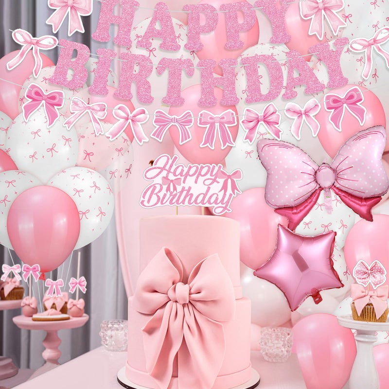ProSuites 44 Pcs Pink Bow Birthday Decorations Include Pink Bow Balloons Star Balloons Cake Topper Bow Happy Birthday Banner for Party - Image 5