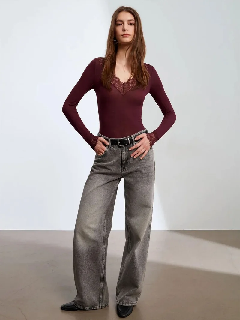 Dilvin DILVIN Slim Fit V-Neck Lace Blouse