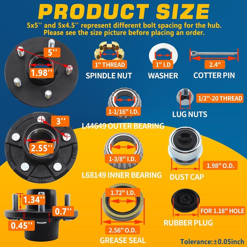 GREPSPUD 2 Sets 5 on 5'' Trailer Hub Kit for 3500 lbs 1-1/16'' to 1-3/8'' Tapered Axle #84 Spindle, Replacement 5x5'' Hub Trailer Wheel 5 Lug Bolt Idler Hub Kit with Extra Caps & Rubber Plugs - Image 3