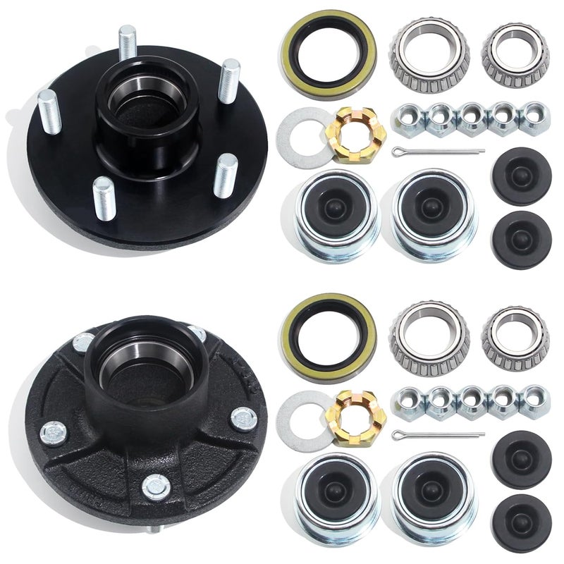 GREPSPUD 2 Sets 5 on 5'' Trailer Hub Kit for 3500 lbs 1-1/16'' to 1-3/8'' Tapered Axle #84 Spindle, Replacement 5x5'' Hub Trailer Wheel 5 Lug Bolt Idler Hub Kit with Extra Caps & Rubber Plugs - Image 1