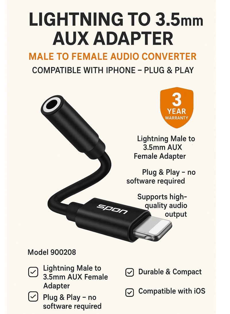 SPON Lightning to 3.5mm Female Audio Adapter | Model 900208 | Plug and Play | Supports Audio Without Bluetooth | 3-Year Warranty