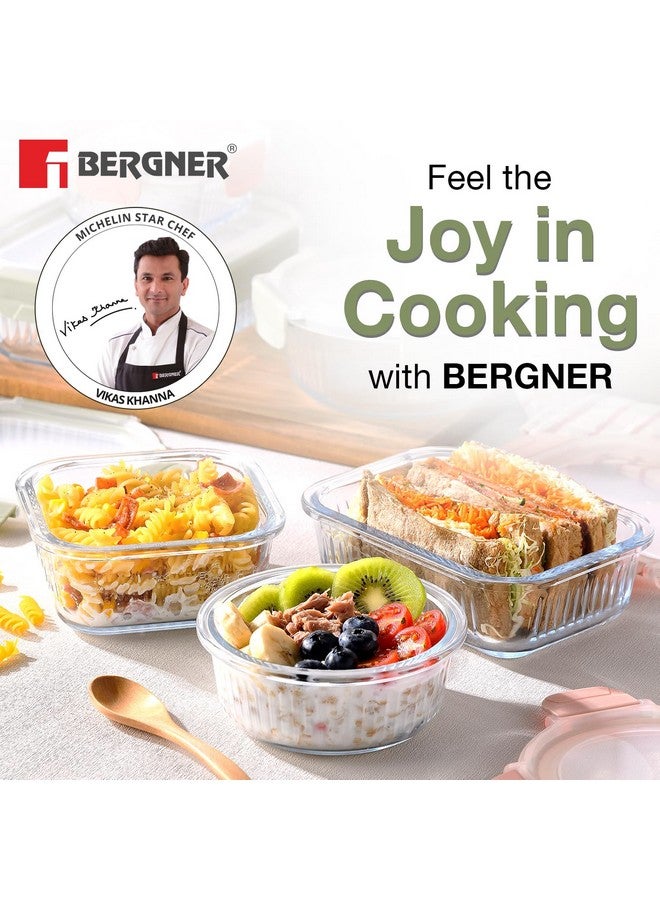 BERGNER حاوية طعام مستطيلة من بوروسيليكات برغنر سعة 1.5 لتر للمطبخ/التيفين، غطاء محكم مع أقفال، موفرة للمساحة، قابلة للتكديس، آمنة للاستخدام في الميكروويف والفرن، آمنة للطعام، آمنة في غسالة الصحون - أخضر - Image 2