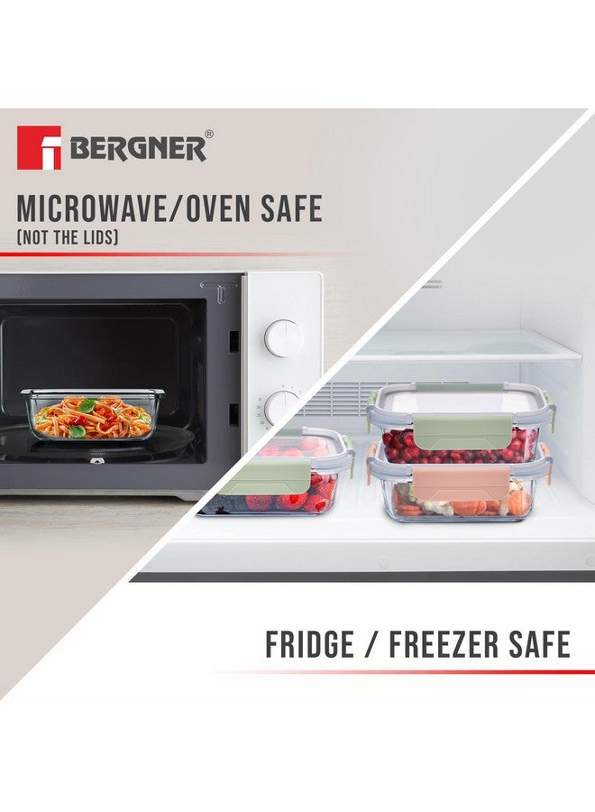 BERGNER حاوية طعام مستطيلة من بوروسيليكات برغنر سعة 1.5 لتر للمطبخ/التيفين، غطاء محكم مع أقفال، موفرة للمساحة، قابلة للتكديس، آمنة للاستخدام في الميكروويف والفرن، آمنة للطعام، آمنة في غسالة الصحون - أخضر - Image 4