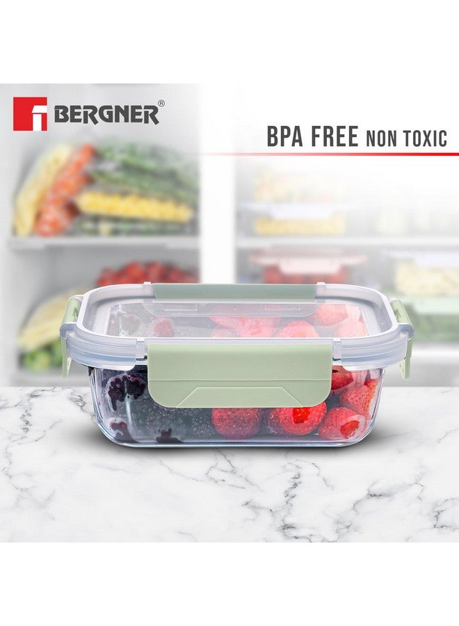 BERGNER حاوية طعام مستطيلة من بوروسيليكات برغنر سعة 1.5 لتر للمطبخ/التيفين، غطاء محكم مع أقفال، موفرة للمساحة، قابلة للتكديس، آمنة للاستخدام في الميكروويف والفرن، آمنة للطعام، آمنة في غسالة الصحون - أخضر - Image 3