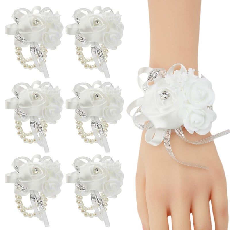 Meldel White Wrist Corsages for Prom  Set of 6  Rose Wedding Wrist Corsage for Bridal Bridesmaid Girl Women  Fake Wrist Flower for Mother of Bride  Artificial Hand Flower for Homecoming Anniversary