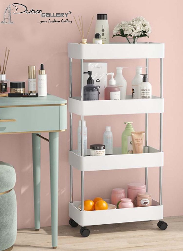 DubaiGallery عربة تخزين متعددة الطبقات جديدة رفوف تخزين منزلية رفوف محمولة عربة دوارة بعجلات لتنظيم الحمام بيضاء - Image 1