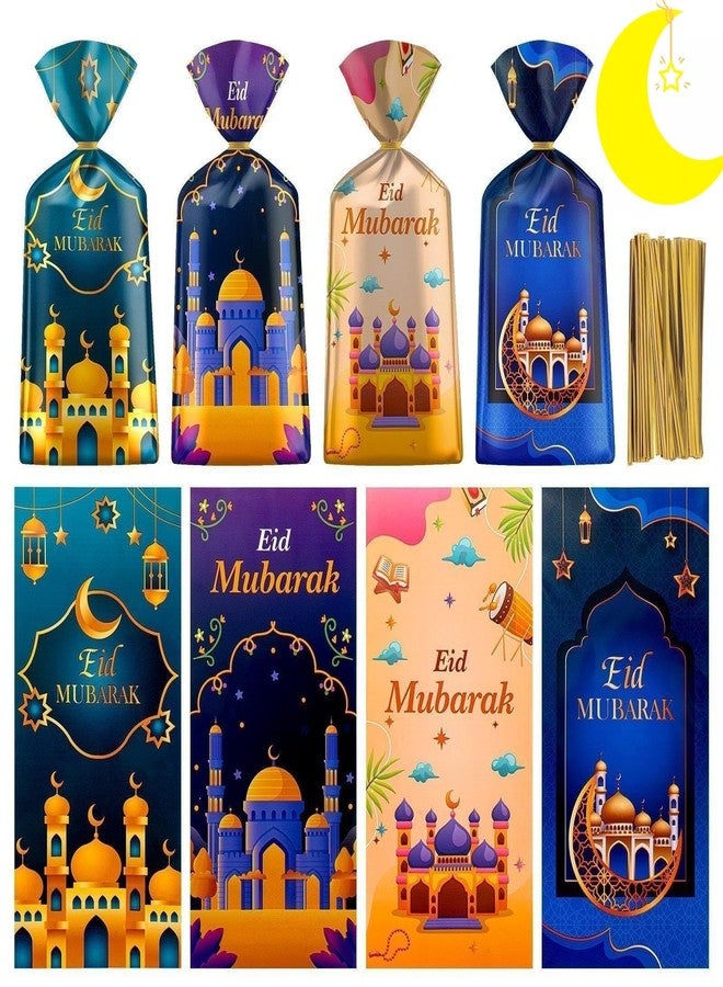 Litmitfu 100 Pcs Ramadan Goodie Bag - Eid Mubarak Gift Bags, Ramadan Mubarak Plastic Cellophane Bags, 4 Styles Ramadan Goody Candy Favor Treat Bags with Gold Twist Ties for Islamic Muslim Eid Mubarak Party - Image 1