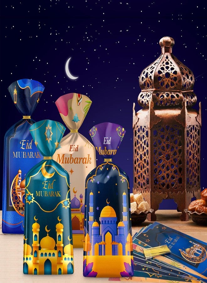 Litmitfu 100 Pcs Ramadan Goodie Bag - Eid Mubarak Gift Bags, Ramadan Mubarak Plastic Cellophane Bags, 4 Styles Ramadan Goody Candy Favor Treat Bags with Gold Twist Ties for Islamic Muslim Eid Mubarak Party - Image 2
