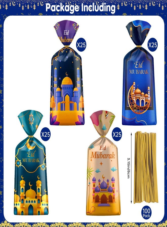 Litmitfu 100 Pcs Ramadan Goodie Bag - Eid Mubarak Gift Bags, Ramadan Mubarak Plastic Cellophane Bags, 4 Styles Ramadan Goody Candy Favor Treat Bags with Gold Twist Ties for Islamic Muslim Eid Mubarak Party - Image 4