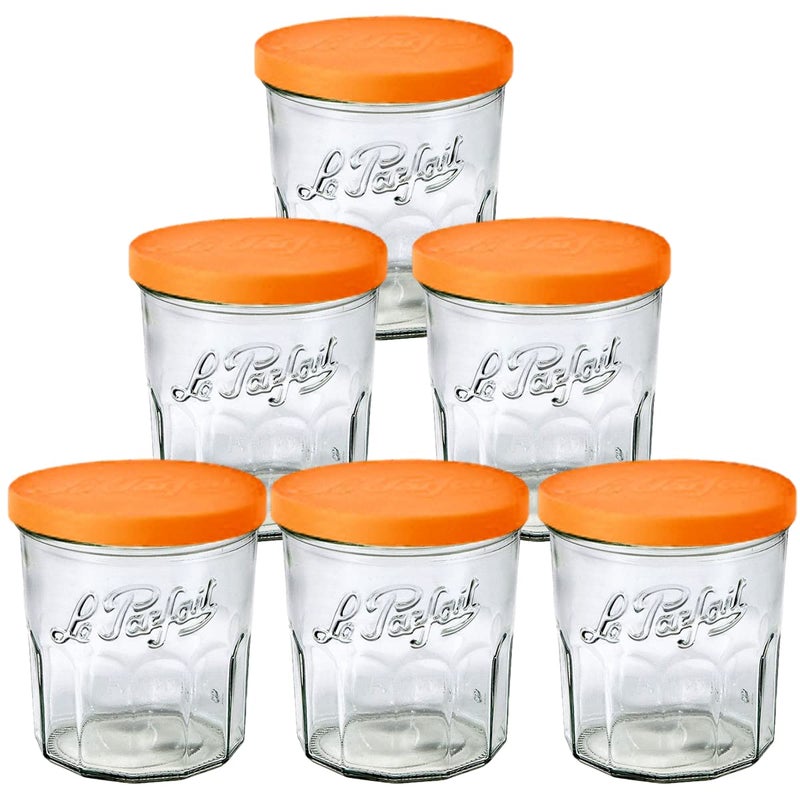 Le Parfait Jam Pots Clear Jars with Orange Snap Lids | Sturdy French Faceted Non-Slip Glass Body | Works as Drinking Glass Cup for Iced Tea or Coffee & Spice Storage | 11oz (Pack of 6) 324ml - Image 1