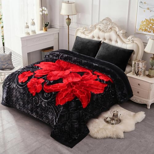 JML Korean Style Fleece Blanket King Size 87 x94 105 Pounds Thick Raschel Floral Blanket for Winter 2 Ply AB Printed Silky Soft PlushWarm Black Flowers - Image 1