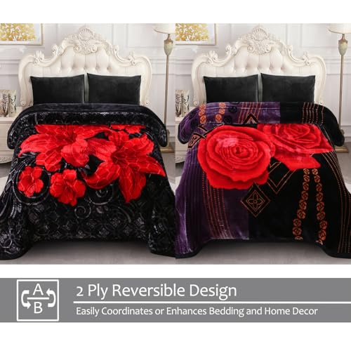 JML Korean Style Fleece Blanket King Size 87 x94 105 Pounds Thick Raschel Floral Blanket for Winter 2 Ply AB Printed Silky Soft PlushWarm Black Flowers - Image 3