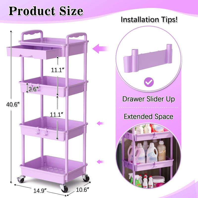 SUNALLY 4 Tier Rolling Cart Organizer with Drawer, Bathroom Storage Carts with Wheels & Plastic Shelf, Mobile Storage Organizers for Kitchen, Office, Laundry Room, Baby, Snack, Craft, Makeup, Purple - Image 2