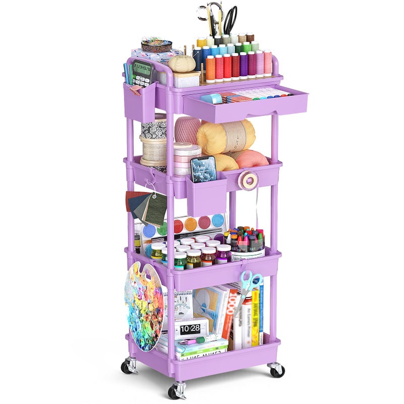 SUNALLY 4 Tier Rolling Cart Organizer with Drawer, Bathroom Storage Carts with Wheels & Plastic Shelf, Mobile Storage Organizers for Kitchen, Office, Laundry Room, Baby, Snack, Craft, Makeup, Purple - Image 1