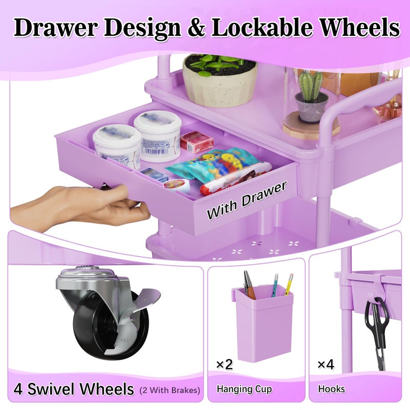 SUNALLY 4 Tier Rolling Cart Organizer with Drawer, Bathroom Storage Carts with Wheels & Plastic Shelf, Mobile Storage Organizers for Kitchen, Office, Laundry Room, Baby, Snack, Craft, Makeup, Purple - Image 3