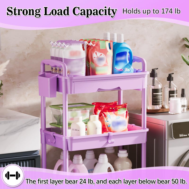 SUNALLY 4 Tier Rolling Cart Organizer with Drawer, Bathroom Storage Carts with Wheels & Plastic Shelf, Mobile Storage Organizers for Kitchen, Office, Laundry Room, Baby, Snack, Craft, Makeup, Purple - Image 5