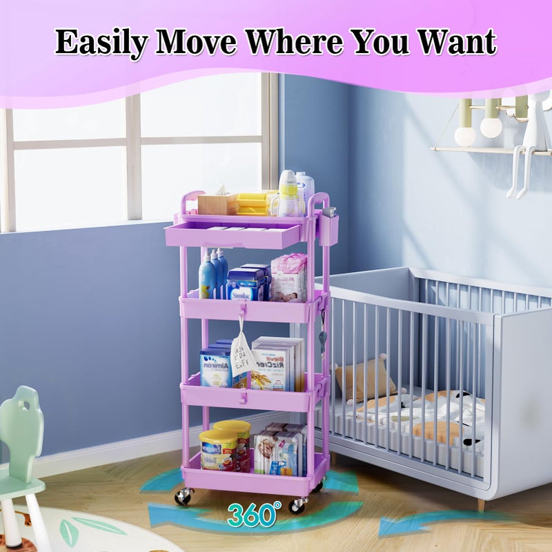 SUNALLY 4 Tier Rolling Cart Organizer with Drawer, Bathroom Storage Carts with Wheels & Plastic Shelf, Mobile Storage Organizers for Kitchen, Office, Laundry Room, Baby, Snack, Craft, Makeup, Purple - Image 4