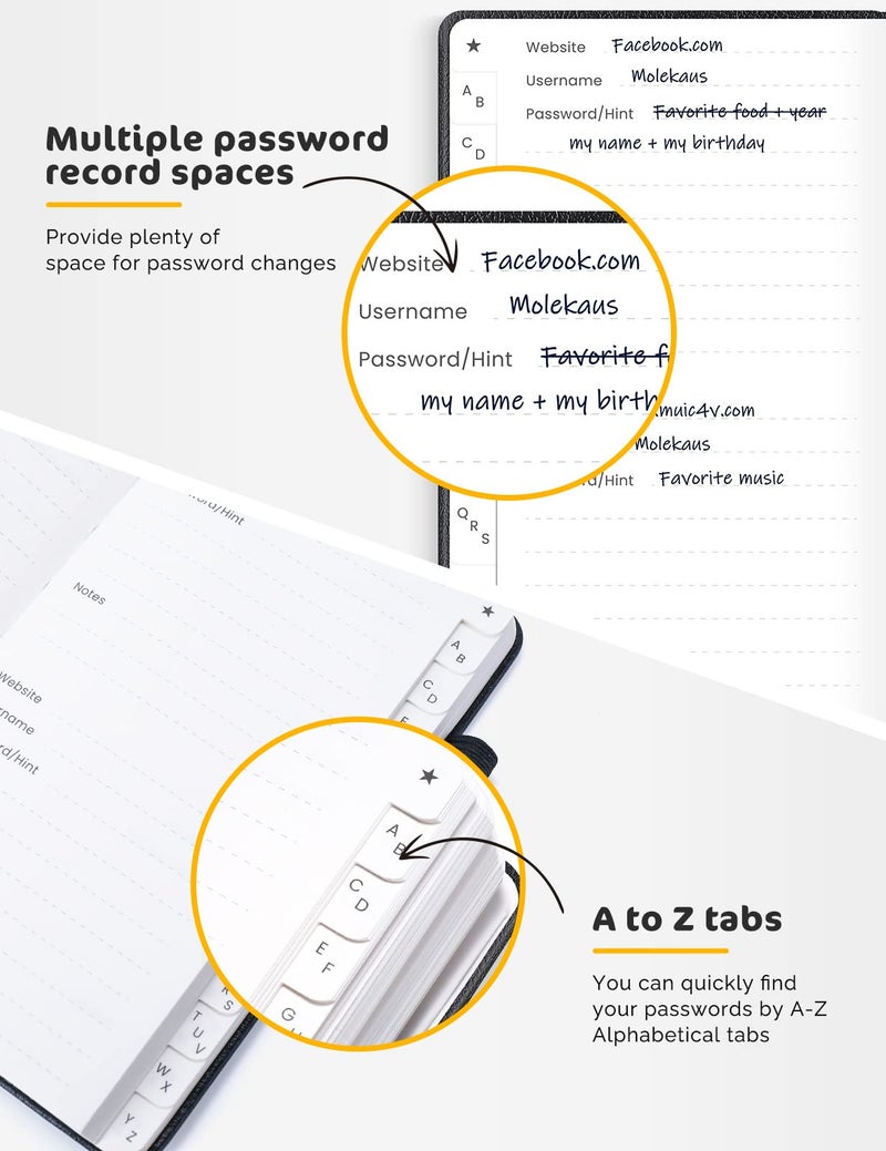 molekaus Password Book with Tabs Password Keeper with Extra Password Space to Change Password. Medium Size Password Notebook for Home or Office for Internet Log In, 5.3 * 7.7in Black - Image 5