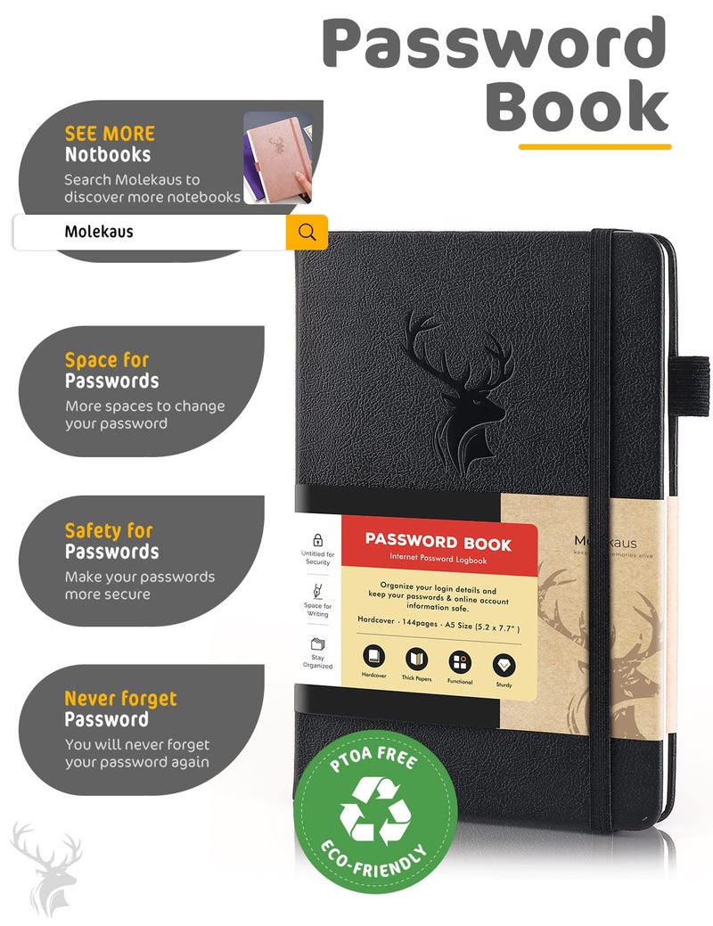 molekaus Password Book with Tabs Password Keeper with Extra Password Space to Change Password. Medium Size Password Notebook for Home or Office for Internet Log In, 5.3 * 7.7in Black - Image 2