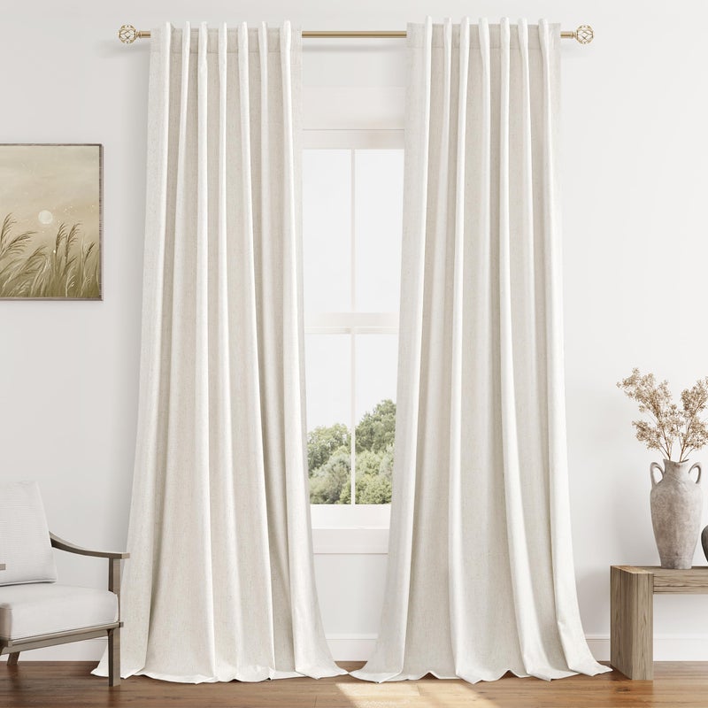 Guken Beige White 100% Blackout Linen Curtains 84 Inch Length 2 Panels Set for Living Room Bedroom Back Tab Thermal Insulated Black Out Drapes Room Darkening Farmhouse Style for Bedroom Window Curtains - Image 1