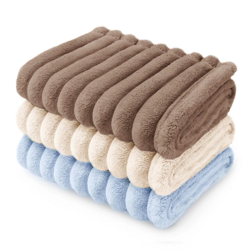 LINENLUX 1 Pack 3 Soft Dog Blanket Washable Warm Fleece Cat Blankets for Pet Puppy Fluffy Calming Flannel Brown/White/Blue Small - Image 1