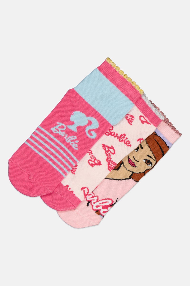 Barbie Kids Girl 3 Pairs Graphic Pattern Socks, Multicolor - Image 1