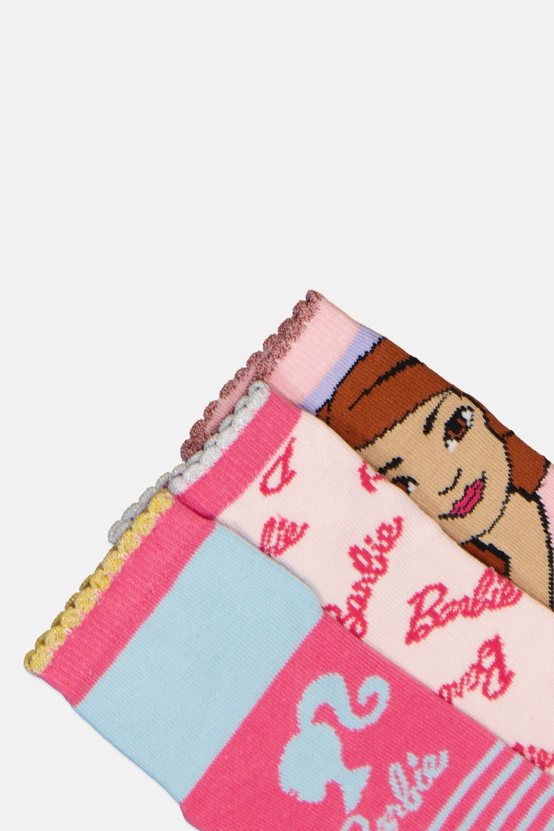 Barbie Kids Girl 3 Pairs Graphic Pattern Socks, Multicolor - Image 3