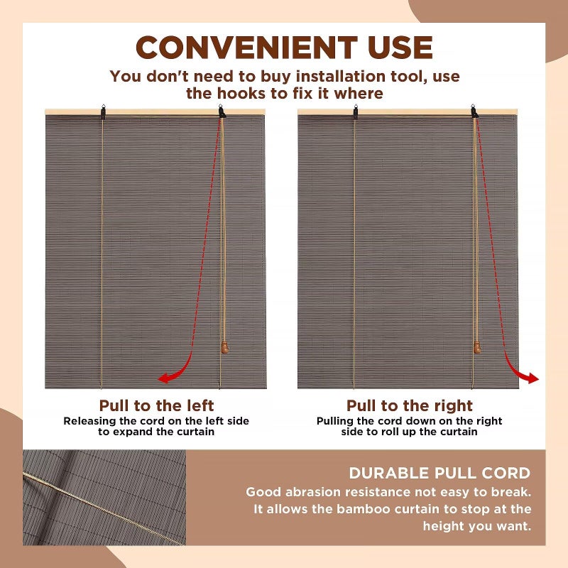 Soulitem Bamboo Roller Shades Roman Shades for Window: Bamboo Blinds for Interior Windows and Outdoor Patio,Roll Up Blinds for Indoor Porch Light Filtering Sunshade,Easy to Install 24" W X 48" H - Image 3