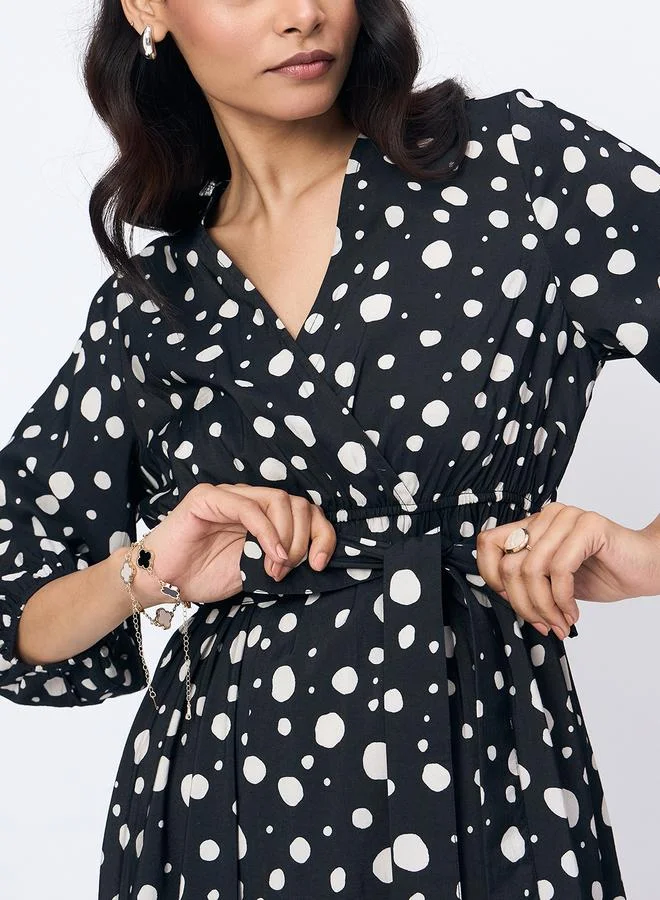 Femmella Femmella Black Spot Print Wrap Maxi Dress