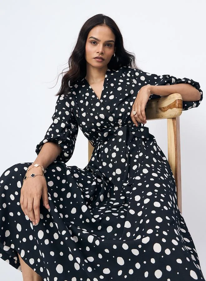 Femmella Femmella Black Spot Print Wrap Maxi Dress