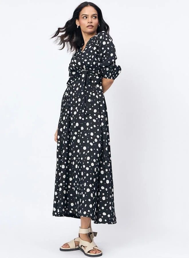 Femmella Black Spot Print Wrap Maxi Dress