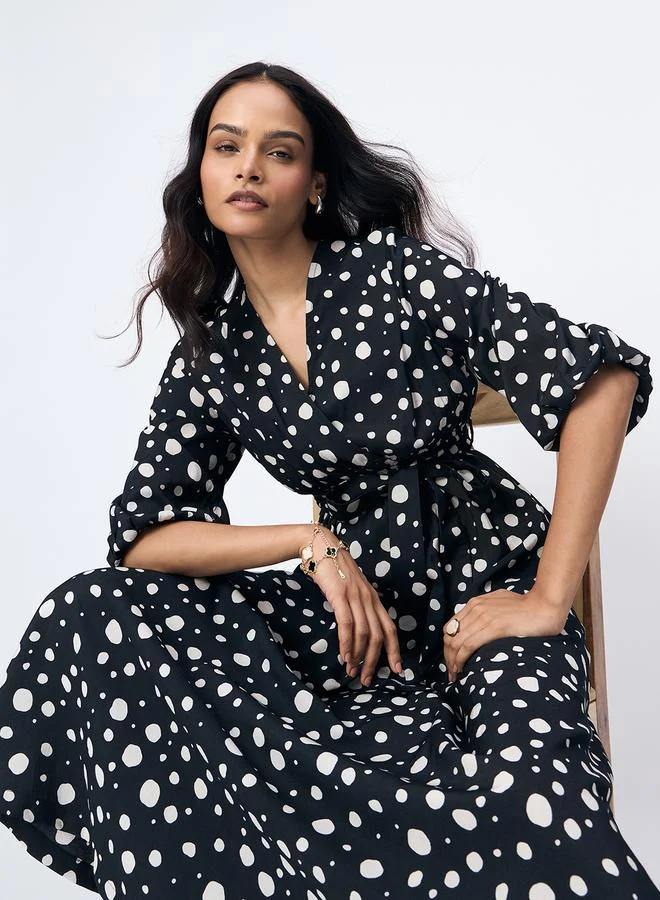 Femmella Femmella Black Spot Print Wrap Maxi Dress