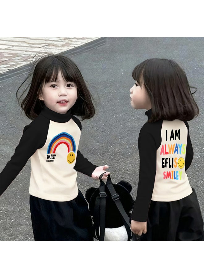 Girls' Thermal Base Layer Top Autumn And Winternew Style For Older Children, Half Turtleneck, Warm Inner Layer, Color-blocking Long Sleeves