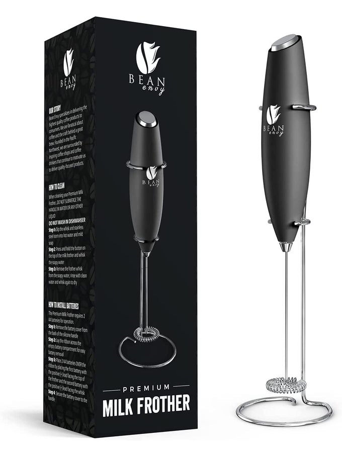 MILK FROTHER HANDHELD FOR COFFEE ELECTRIC HAND BLENDER MINI DRINK MIXER WHISK COFFEE FOAMER WAND WITH STAND FOR LATTES CAPPUCCINO MATCHA AND HOT CHOCOLATE KITCHEN GIFTS BLACK