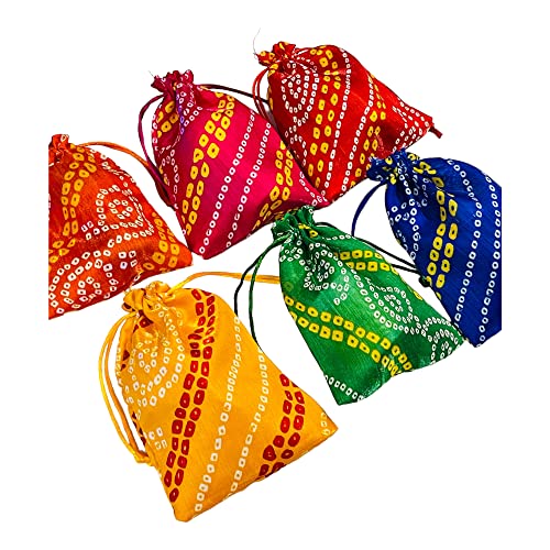 Moira 12pcs 5X7 inch Small Size Bandhej Silk Potli for Gifting, Jewellery Storage, Shagun, Coin Packing (Multicolour) - Image 5
