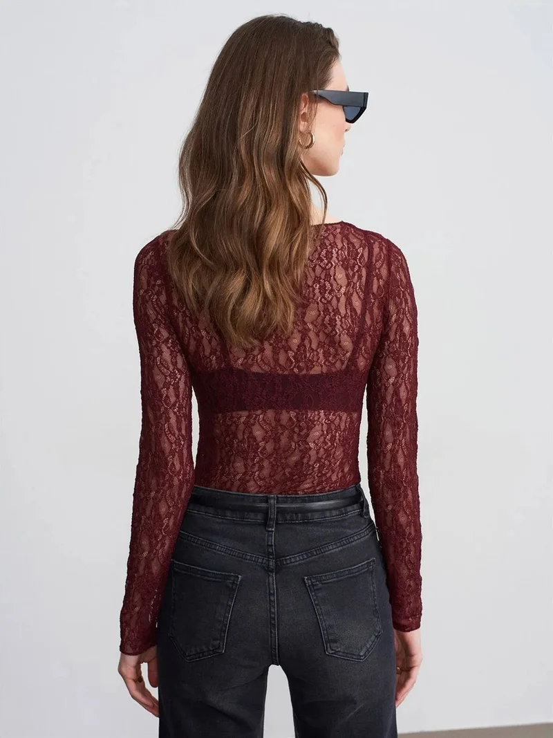 Dilvin DILVIN Slim Fit Lace Boat Neck Blouse