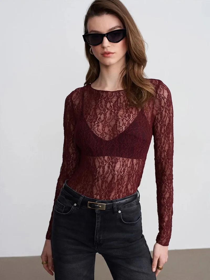 Dilvin DILVIN Slim Fit Lace Boat Neck Blouse