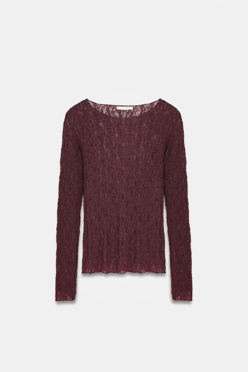 Dilvin Burgundy Red DILVIN Slim Fit Lace Boat Neck Blouse for Women | Best Price UAE
