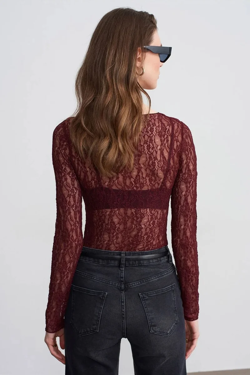 Dilvin Burgundy Red DILVIN Slim Fit Lace Boat Neck Blouse for Women | Best Price UAE