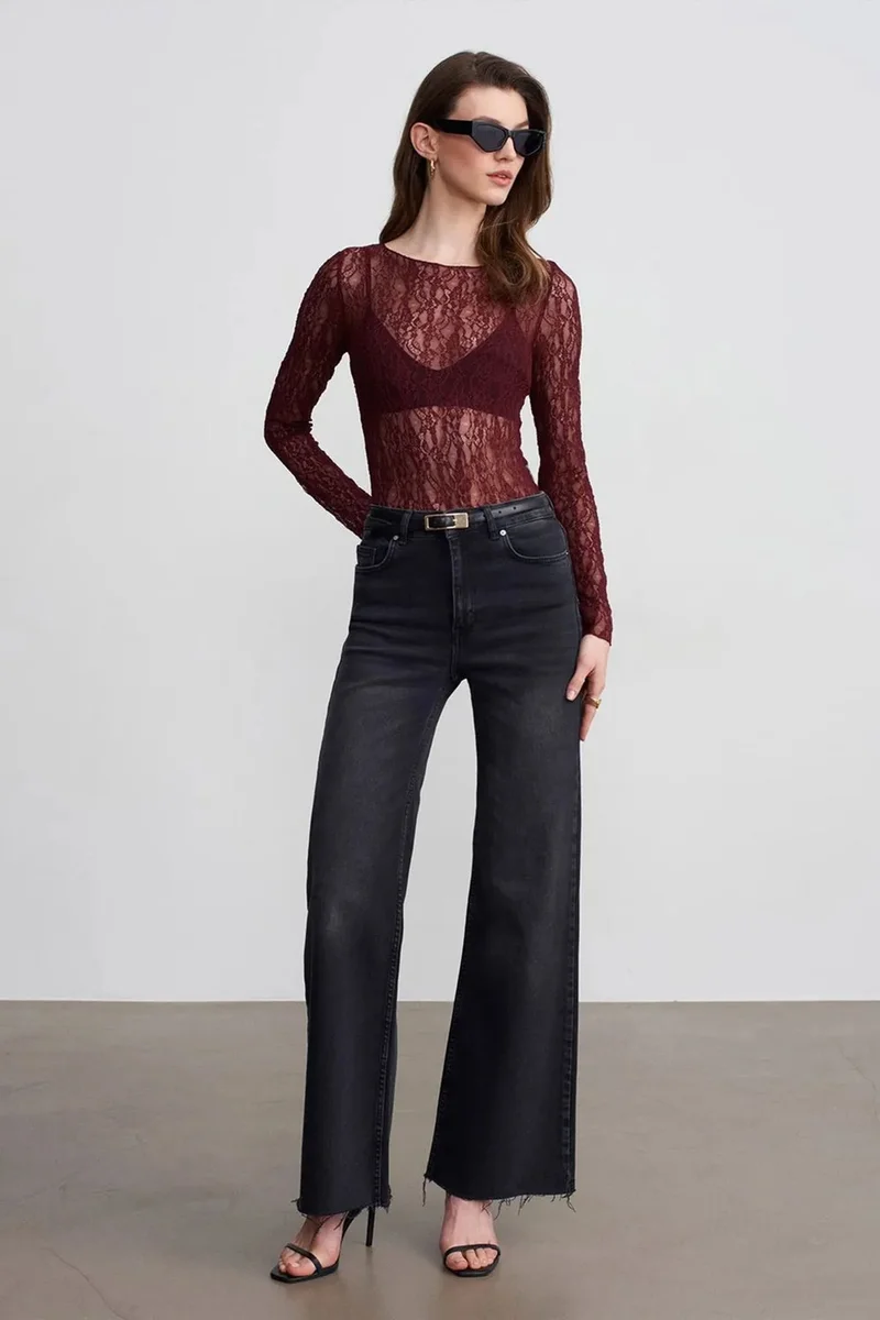 Dilvin Burgundy Red DILVIN Slim Fit Lace Boat Neck Blouse for Women | Best Price UAE
