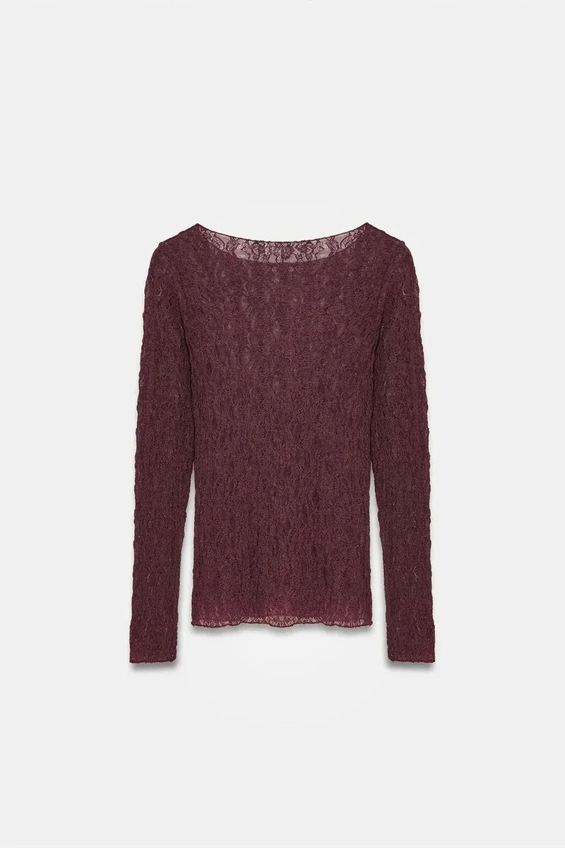Dilvin Burgundy Red DILVIN Slim Fit Lace Boat Neck Blouse for Women | Best Price UAE