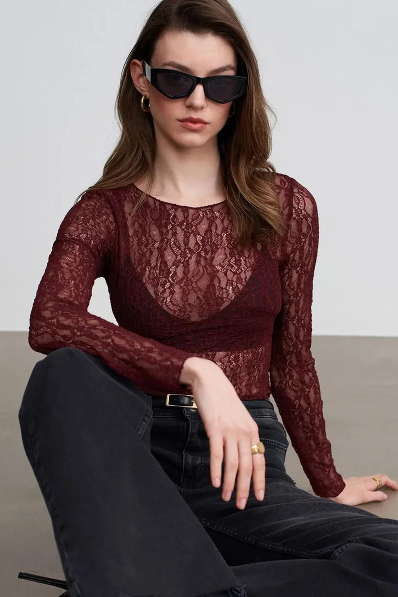 Dilvin Burgundy Red DILVIN Slim Fit Lace Boat Neck Blouse for Women | Best Price UAE