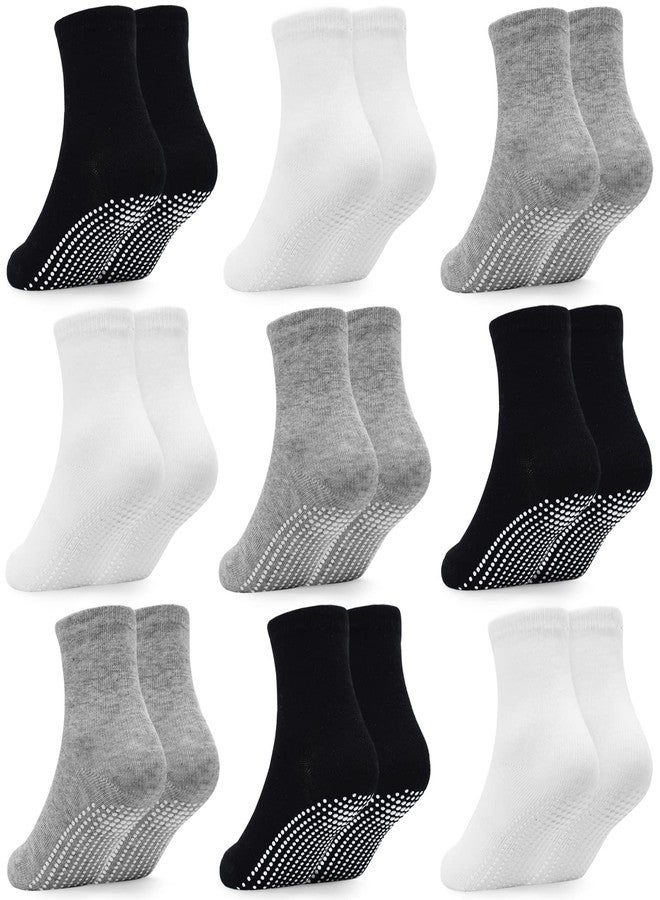 GRPSKCOS Baby Toddler Socks with Grip- 9 Pairs Anti-Skid Infant Socks for Crawling Walking Playing Non Slip Kids Boys Girls(01 Black+white+grey- 9 Pairs,6-12 Months) - Image 1