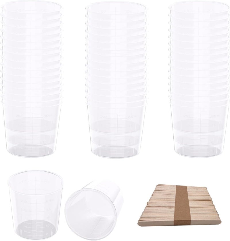 MFDSJ 30 Pack 2 Ounce Plastic Graduated Cups 60 ml Transparent Scale Cups with 30 Pcs Wooden Stirring Sticks for Mixing Paint, Stain, Epoxy, Resin - Image 1
