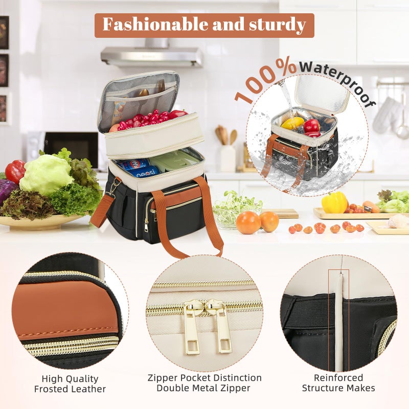 holuxer Insulated Lunch Bag & Lunch Box for Women - Double Deck Reusable Lunch Bag for men Tote Cooler Bag Leakproof Soft Expandable - Large Lunchbox for Work/Adult/Picnic/Outdoor (Coffee Blackï¼Œ15L) - Image 4