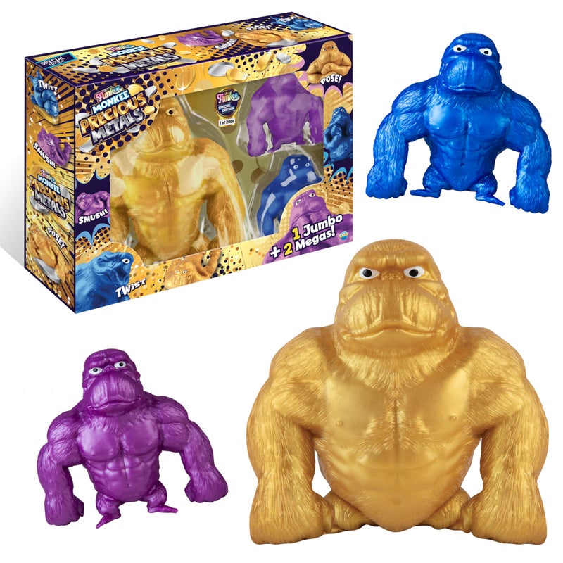 The Orb Factory ORB Funkee Monkee Metallic Golden Squishy Monkey Toy 3 Pack 1 45 lb Jumbo Golden Monkee and 2 Mega Precious Metal Monkeys Collectible Stretchy Funky Monkey Splat Stress Toys for Kids Adults - Image 3