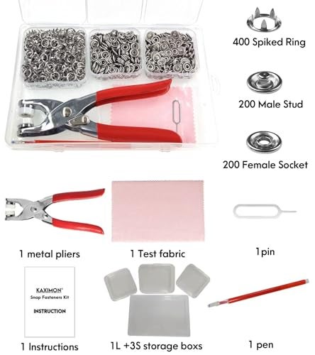 KAXIMON Snap Fasteners Kit 200 Sets, Metal Snap Button Kit with Fastener Pliers No Sewing, 9.5mm Snap on Button Kit Rust Proof DIY Press Studs Button Fix Tools for Fabric Clothing, chrome, SNAP-9.5MM - Image 2